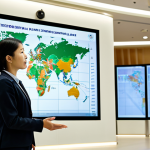 A professional female Hanbang practitioner, an adult, dressed in a modest business suit, standing confidently in a modern, brightly lit international medical conference hall. She is presenting on a large screen displaying a global map with interconnected lines, symbolizing Hanbang's worldwide integration. The background features a diverse group of medical professionals listening attentively. The scene emphasizes global health and collaboration. fully clothed, appropriate attire, professional dress, safe for work, appropriate content, professional, perfect anatomy, correct proportions, natural pose, well-formed hands, proper finger count, natural body proportions, high quality professional photography.