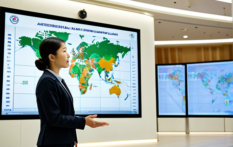 A professional female Hanbang practitioner, an adult, dressed in a modest business suit, standing confidently in a modern, brightly lit international medical conference hall. She is presenting on a large screen displaying a global map with interconnected lines, symbolizing Hanbang's worldwide integration. The background features a diverse group of medical professionals listening attentively. The scene emphasizes global health and collaboration. fully clothed, appropriate attire, professional dress, safe for work, appropriate content, professional, perfect anatomy, correct proportions, natural pose, well-formed hands, proper finger count, natural body proportions, high quality professional photography.