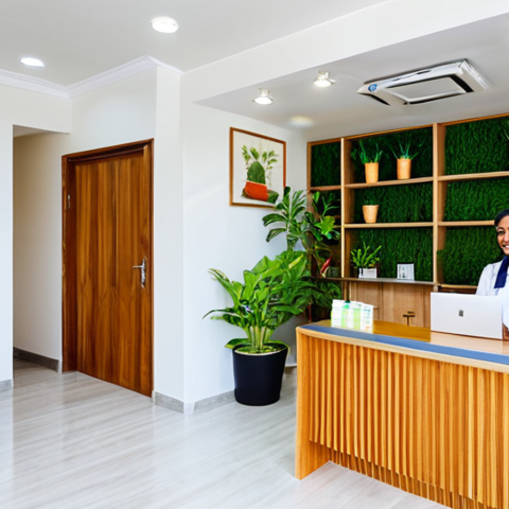 Modern Ayurvedic Clinic Reception**

"A bright and welcoming reception area of a modern Ayurvedic clinic, fully clothed receptionist in professional attire behind a sleek wooden desk, comfortable seating area with lush plants, shelves displaying neatly arranged Ayurvedic products, clean and minimalist design, soft natural light, safe for work, appropriate content, family-friendly, professional, perfect anatomy, correct proportions, natural pose, well-lit, high quality"

**