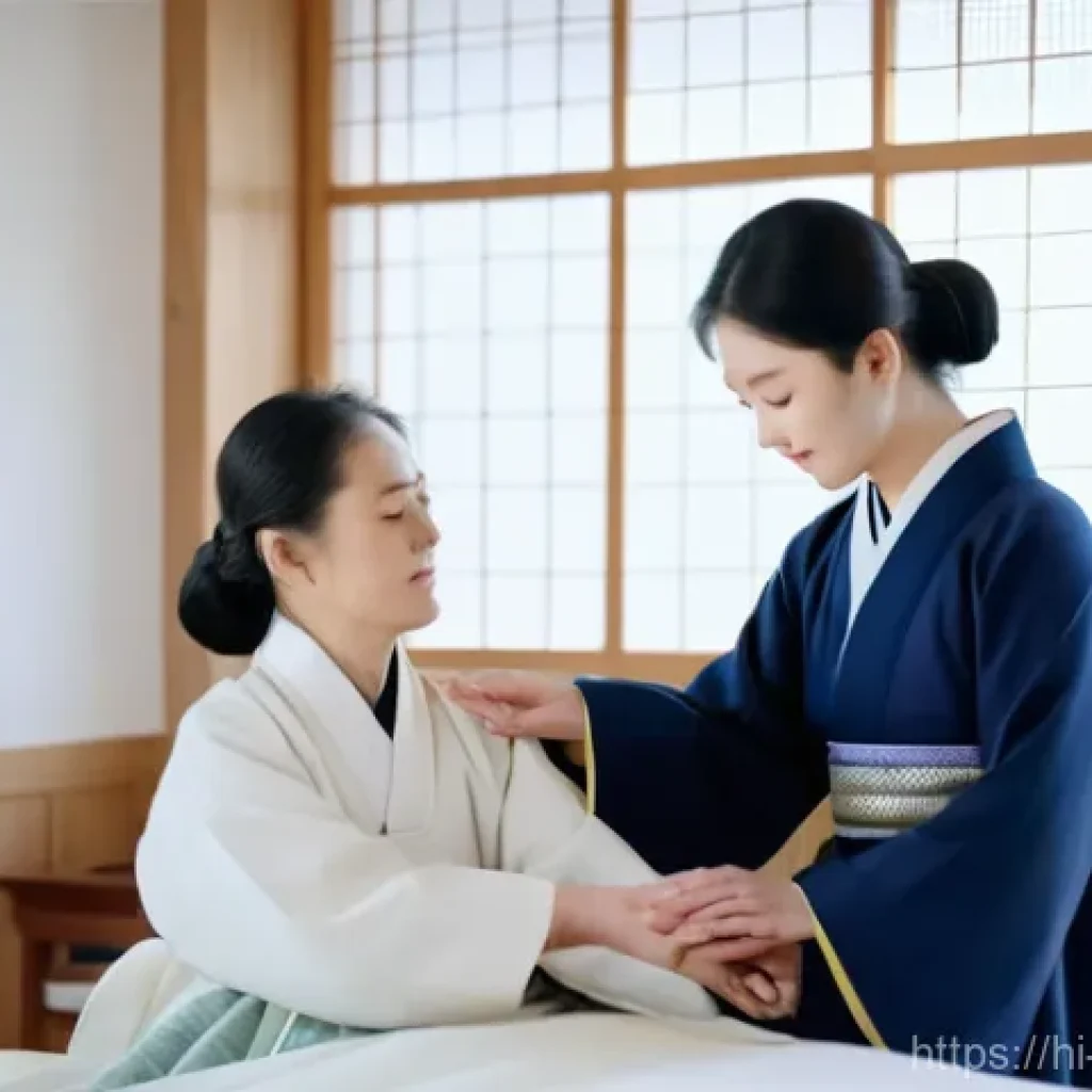 한의사와 스트레스 관리 - A compassionate, middle-aged female Hanyu (Korean traditional medicine) practitioner, wearing a trad...