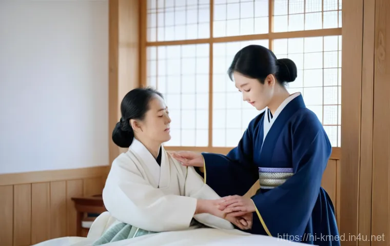 한의사와 스트레스 관리 - A compassionate, middle-aged female Hanyu (Korean traditional medicine) practitioner, wearing a trad...