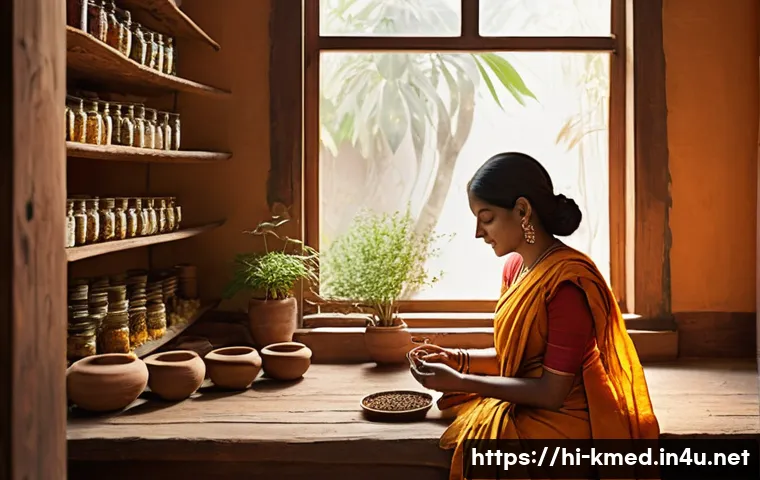 한의학과 서양의학 비교 - **Prompt for Traditional Medicine:**
    "A serene, sun-drenched Ayurvedic clinic interior, featurin...
