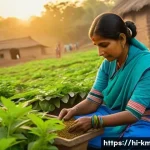 한의사로서의 의료 봉사 경험 - A serene rural Indian village scene at sunrise, showing a traditional herbal healer in simple, modes...