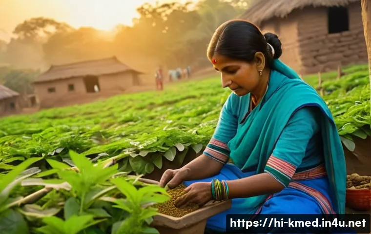 한의사로서의 의료 봉사 경험 - A serene rural Indian village scene at sunrise, showing a traditional herbal healer in simple, modes...