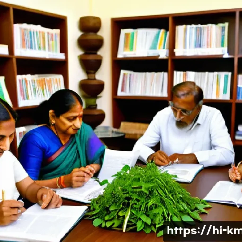 한의사와 스터디 그룹 구성 - A diverse group of Hindi-speaking herbal medicine practitioners gathered in a bright, modern study r...