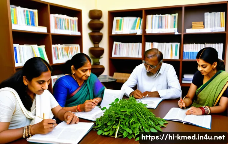 한의사와 스터디 그룹 구성 - A diverse group of Hindi-speaking herbal medicine practitioners gathered in a bright, modern study r...