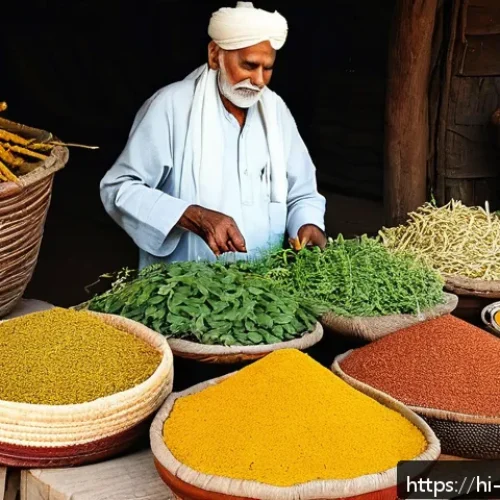 Home 17 한의학 실무 경험 공유 - A vibrant and detailed scene of a traditional Indian herbal medicine market with fresh Tulsi (holy b...