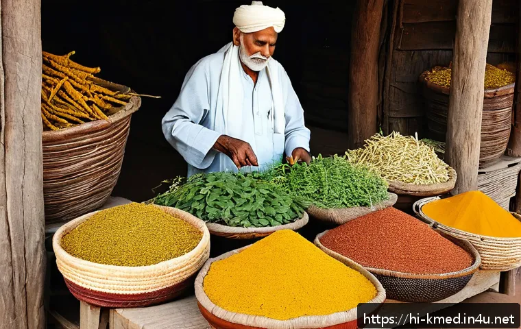 한의학 실무 경험 공유 - A vibrant and detailed scene of a traditional Indian herbal medicine market with fresh Tulsi (holy b...